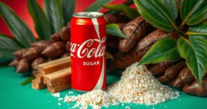 Coca-Cola can surrounded by cane sugar and natural ingredients, showcasing a refreshing tropical feel.