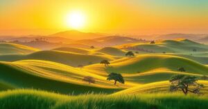 A peaceful South Sudan landscape depicting unity and development with warm colors and serene scenery.