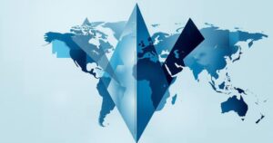 Abstract artwork symbolizing international diplomacy, featuring blue and gray tones with geometric patterns.