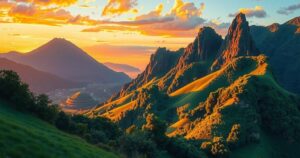 Scenic view showcasing Ecuador's landscapes, featuring mountains, lush greenery, and a vibrant sunset sky.