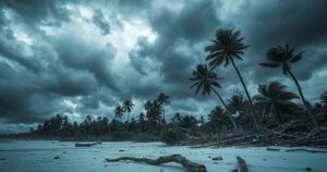 A powerful cyclone ravages an island, with debris scattered and dark clouds above, illustrating storm devastation.