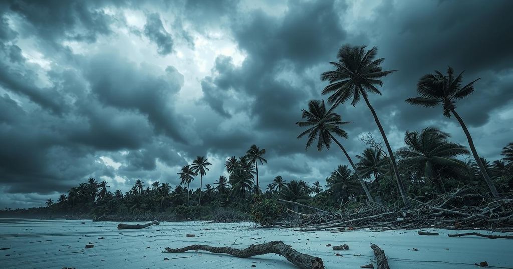 A powerful cyclone ravages an island, with debris scattered and dark clouds above, illustrating storm devastation.