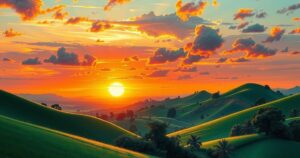 A serene landscape in South Sudan showcasing nature's beauty with green hills and a vibrant sunset sky.