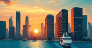 An illustration of a global investment theme with a focus on connectivity and opportunity, featuring modern architecture and trade symbols.