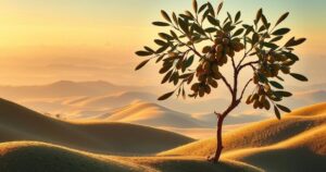 A symbolic representation of unity and stability with intertwined olive branches and peaceful landscapes in warm tones.