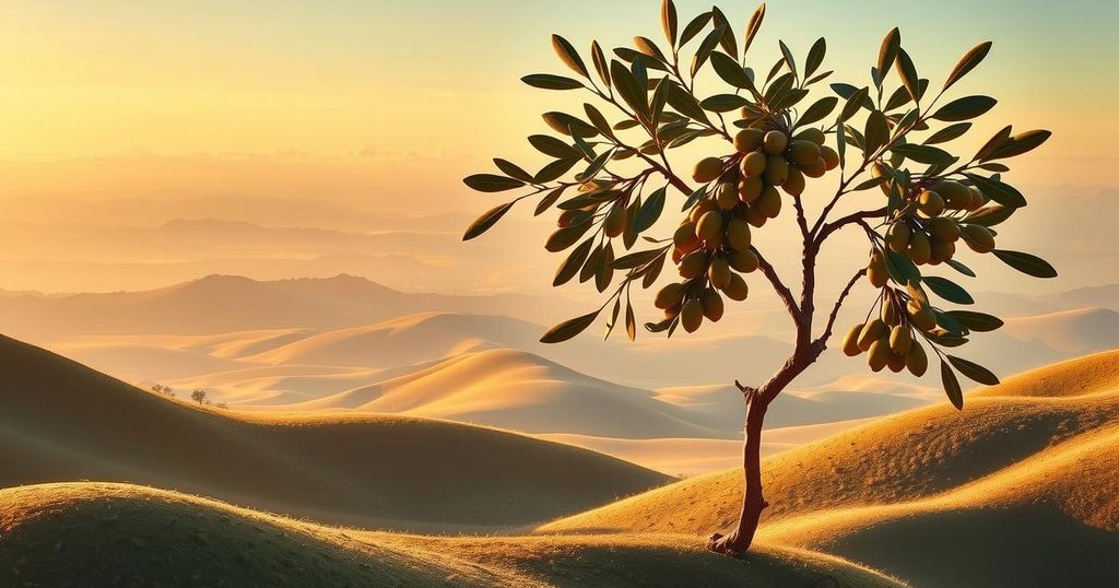 A symbolic representation of unity and stability with intertwined olive branches and peaceful landscapes in warm tones.