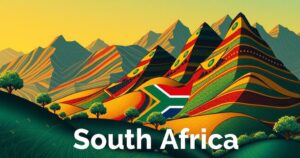 A vibrant South African landscape with borders and symbols reflecting unity, resilience, and transformation.