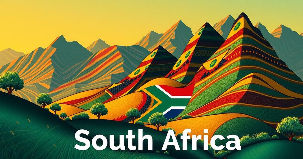 A vibrant South African landscape with borders and symbols reflecting unity, resilience, and transformation.