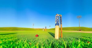 Cricket field during a test match with stumps and wickets, showcasing a victorious atmosphere, vibrant green grass.