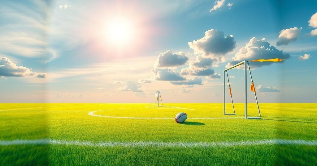 A serene rugby field with goal posts, green grass, and a clear sky representing hope and recovery.