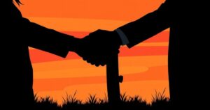 Silhouette of two figures shaking hands against a backdrop of a sunset sky with abstract shapes in warm colors.