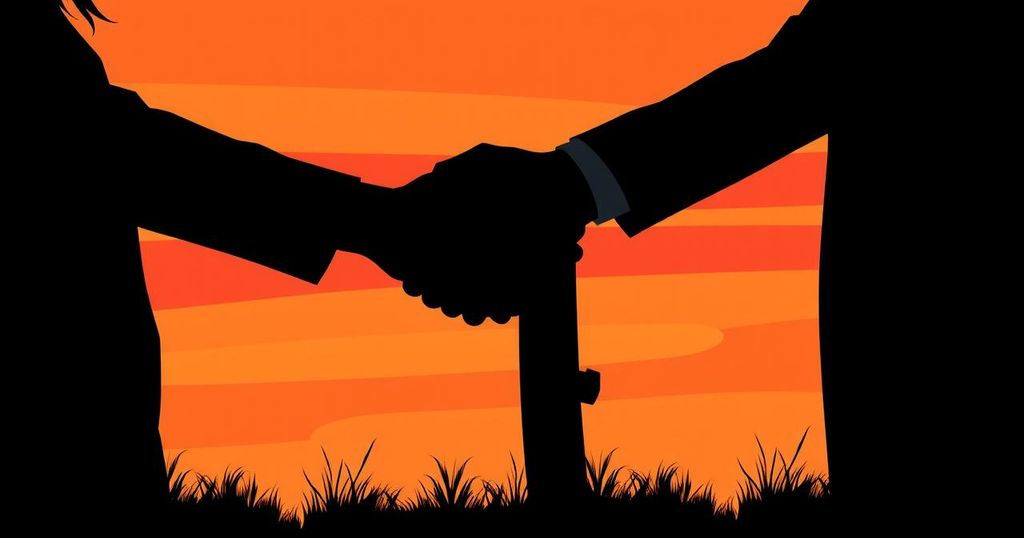 Silhouette of two figures shaking hands against a backdrop of a sunset sky with abstract shapes in warm colors.