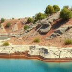 A panoramic view of a parched landscape with low water levels at a reservoir, surrounded by dry earth and sparse vegetation.