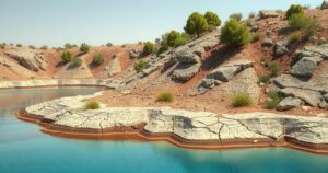 A panoramic view of a parched landscape with low water levels at a reservoir, surrounded by dry earth and sparse vegetation.