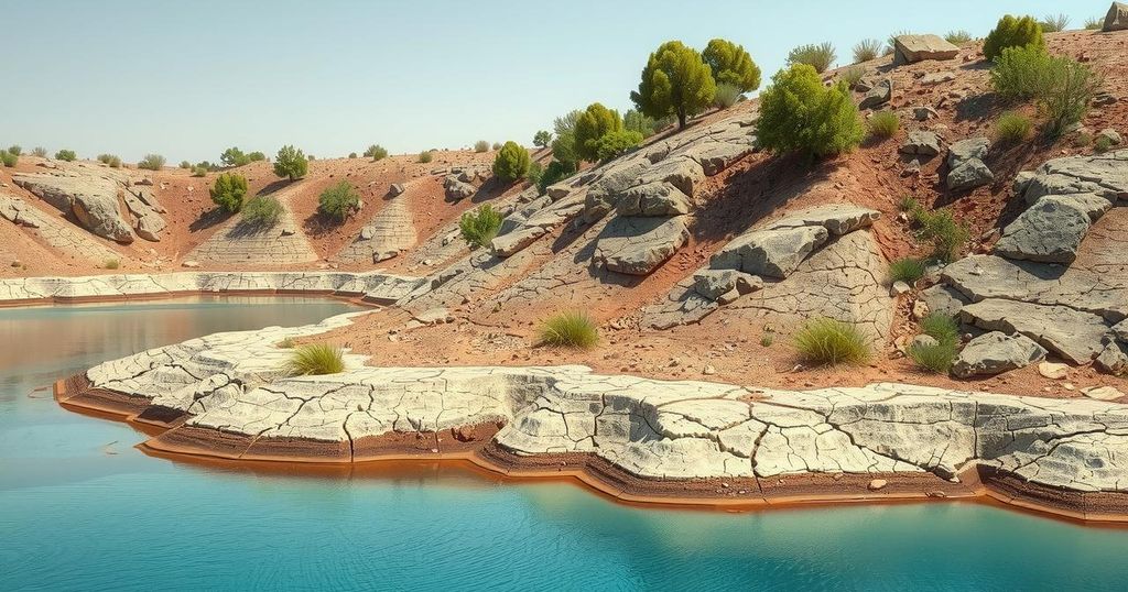 A panoramic view of a parched landscape with low water levels at a reservoir, surrounded by dry earth and sparse vegetation.