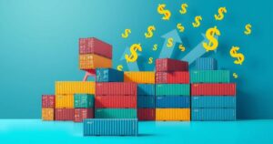A conceptual image depicting import tariffs with symbols of trade, like cargo containers and currency, in a vibrant color scheme.