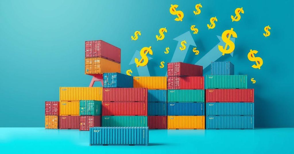 A conceptual image depicting import tariffs with symbols of trade, like cargo containers and currency, in a vibrant color scheme.
