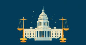 Illustration of the US Capitol building with symbolic scales, representing politics and legislation debates.