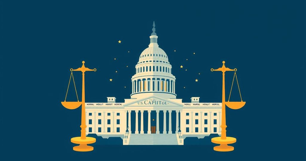 Illustration of the US Capitol building with symbolic scales, representing politics and legislation debates.
