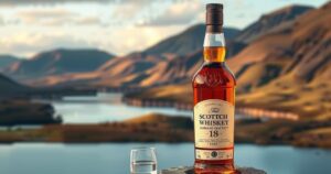 A Scotch whisky bottle showcasing the iconic Scottish landscape in the background, representing heritage and quality.