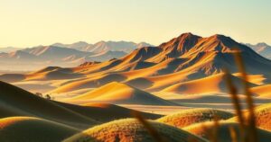 Chilean landscape with lithium mining elements, featuring mountains and an Indigenous community symbol, in earth tones.