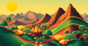 A vibrant illustration depicting the landscape of Burkina Faso with natural resources symbolizing financial autonomy and growth.