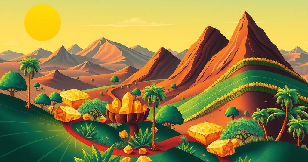 A vibrant illustration depicting the landscape of Burkina Faso with natural resources symbolizing financial autonomy and growth.