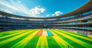 Colorful cricket stadium with lush green field and dynamic atmosphere in Harare, Zimbabwe.