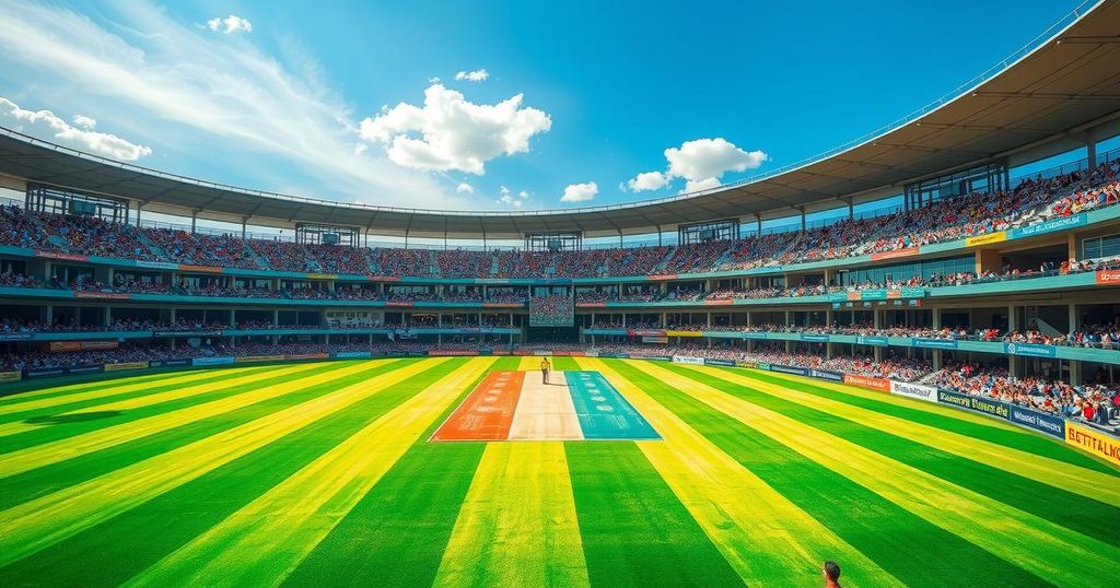 Colorful cricket stadium with lush green field and dynamic atmosphere in Harare, Zimbabwe.