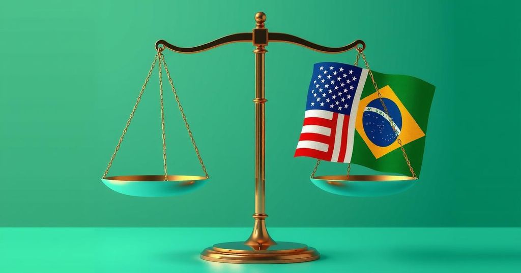 A symbolic representation of international tariffs with scales balancing flags of Brazil and the USA, in vibrant colors.