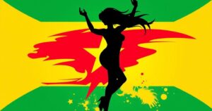 Surinamese flag with a female silhouette in front and vibrant colors celebrating a historic election.