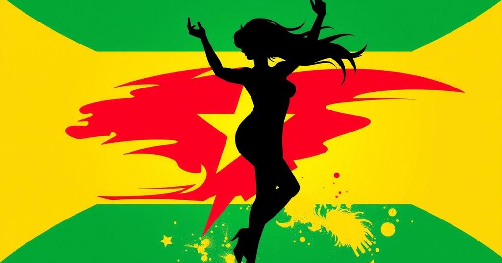 Surinamese flag with a female silhouette in front and vibrant colors celebrating a historic election.