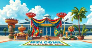 Ceremonial welcome at Galeao International Airport, Brazil, showcasing cultural decor and festive atmosphere.