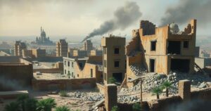 Dramatic landscape of Gaza featuring damaged buildings and desolation under a cloudy sky, evoking resilience and hope.