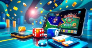 South African digital gambling landscape with mobile devices, vibrant colors, and modern design elements.
