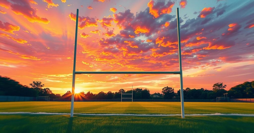 Rugby field during sunset, with goalposts and a vibrant sky, illustrating the anticipation of a match.