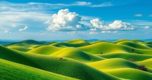 A scenic view of peaceful landscapes representing hope and stability in Africa, featuring green hills and blue skies.