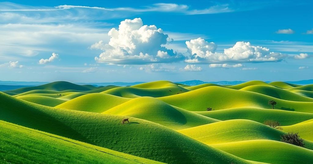 A scenic view of peaceful landscapes representing hope and stability in Africa, featuring green hills and blue skies.