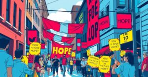 A vibrant street protest scene featuring colorful signs advocating for freedom and unity.