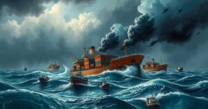 Cargo ship surrounded by small crafts in turbulent Red Sea waters during military conflict, dark stormy clouds, dramatic scene.
