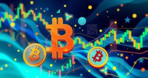 Colorful digital representation of cryptocurrency market dynamics with Bitcoin symbols and abstract trading charts.