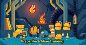 A symbolic representation of mine safety reforms, featuring safety equipment, structured training environment, and collaborative tools.