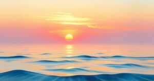 A serene landscape depicting a quiet sunset with soft colors and gentle waves, symbolizing peace and reflection.