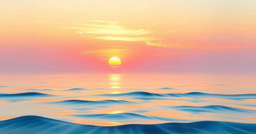A serene landscape depicting a quiet sunset with soft colors and gentle waves, symbolizing peace and reflection.