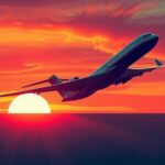 An airplane flying towards a vibrant sunset with clouds, symbolizing international travel and diplomacy.