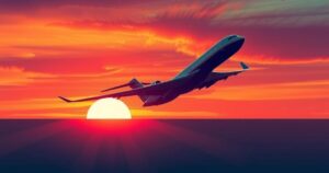 An airplane flying towards a vibrant sunset with clouds, symbolizing international travel and diplomacy.
