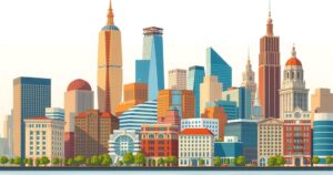 Vibrant city skyline with modern and historic architecture, showcasing a balance between tradition and progress.