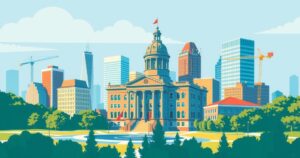 Allentown skyline with city hall, in a modern style with bright colors to symbolize civic engagement and leadership.