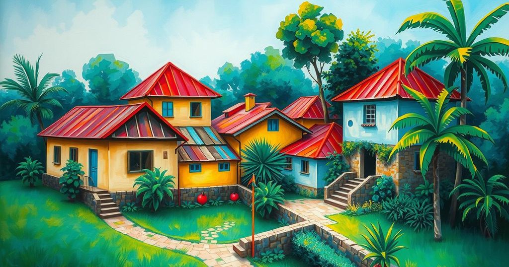 A vibrant landscape depicting Ghana's rich culture and heritage under a clear blue sky.