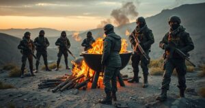 Kurdish fighters in camouflage burning weapons symbolizing peace efforts in northern Iraq.